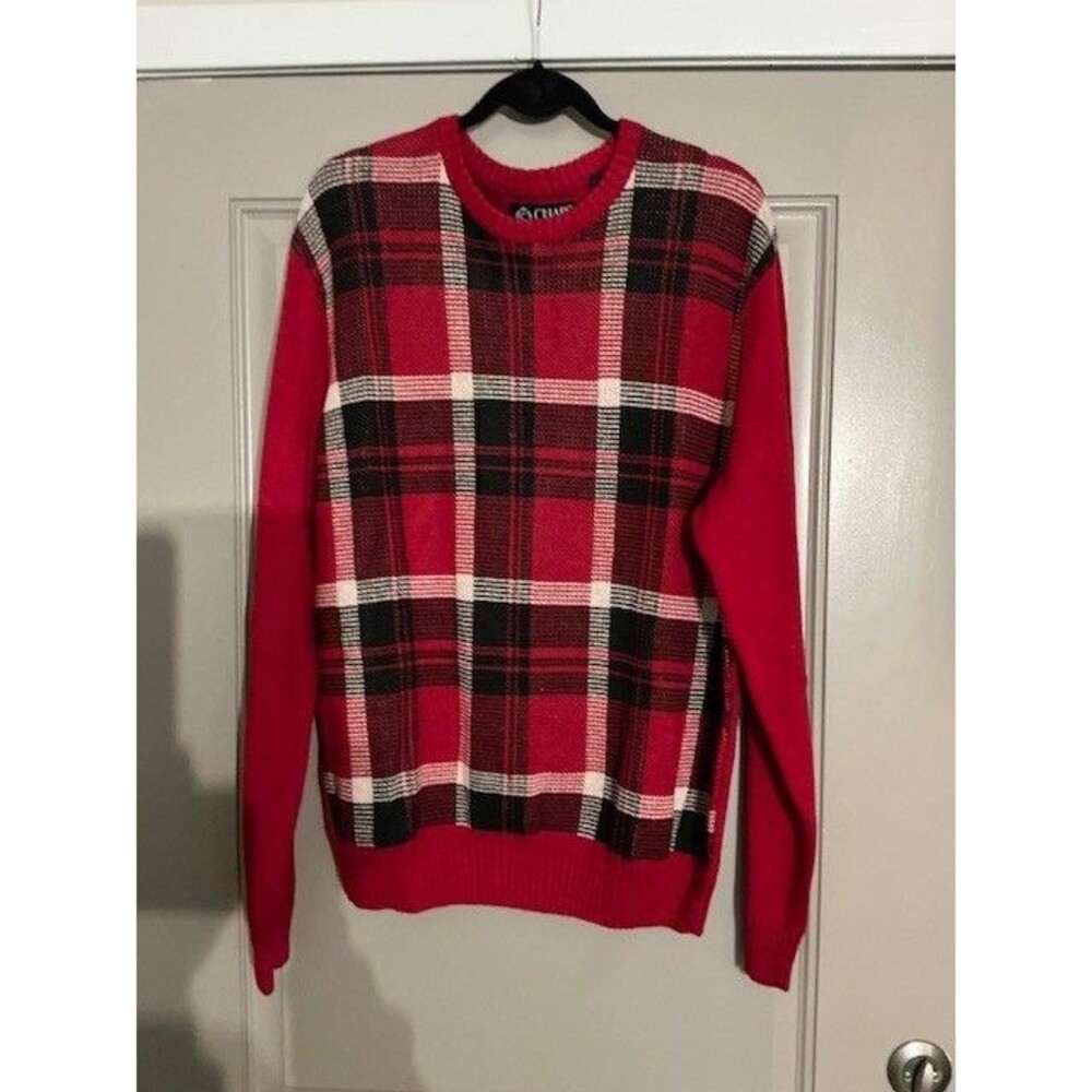 Chaps Pullover Sweater Size L Red Black Checkered Front Crew Neck Long Sleeve